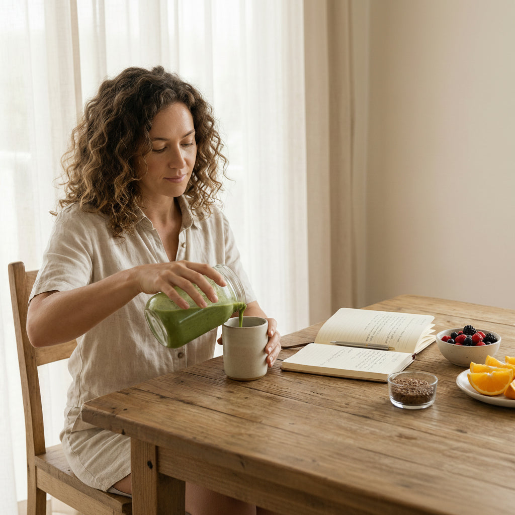 Women pouring a smoothie at dining table