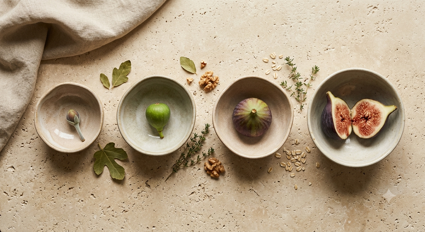 Flat lay of figs at different stages of growth, symbolising the natural rhythm and transformation of the women’s cycle.