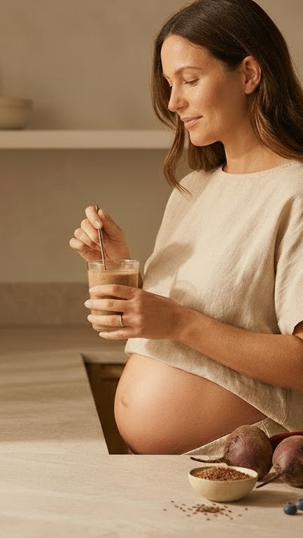 Pregnant woman in a kitchen holding a glass of juice.
